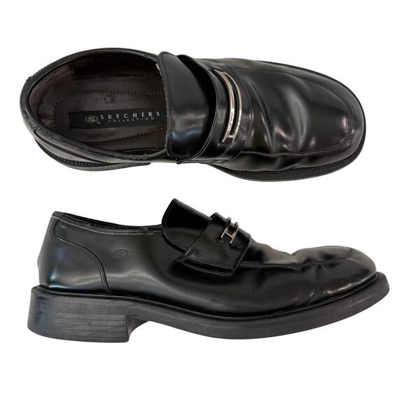 Skechers Slip On Loafer Size 13 Black Leather Silver Metal Rubber Sole - Picture 1 of 13
